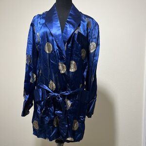 VTG ORIENTAL Silk Short Kimono Duster Jacket Loose Robe Royal Blue Belt EU 44